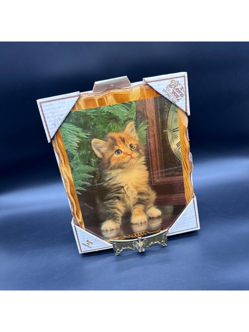 Vintage Wall Hanging Calico Kitten Cat Lacquered Wood USA 1980s Scalloped Edge